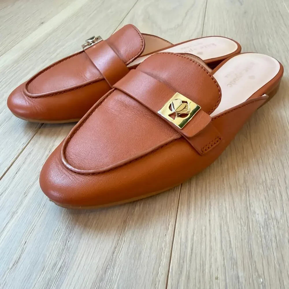 Kate Spade Coda Mules Hot Cider Cognac Brown Leather Gold‑Tone Hardware Size 6
